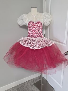 Curtain Call Vintage Red Tulle White Lace Girls Theater Ballet Costume Dress 12C